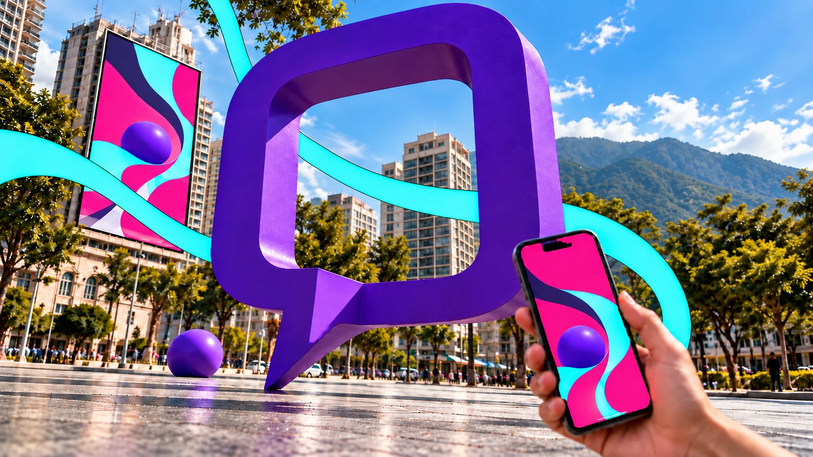 Una campaña conecta una valla urbana y un teléfono a través de una estructura de diálogo monumental.