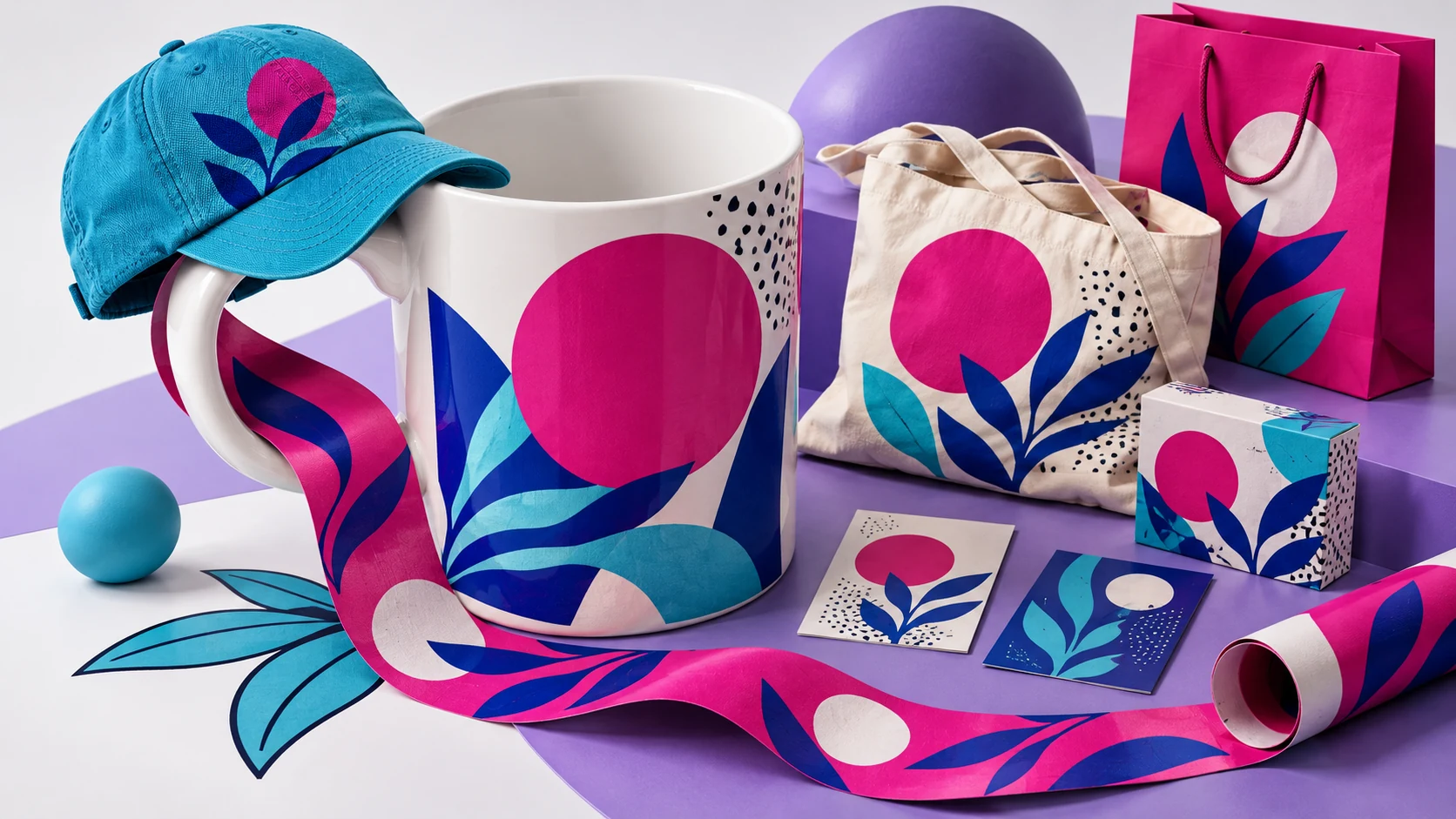 Una taza estampada se integra con una gorra, bolsas, empaques y vinil en una composición surrealista de material POP.