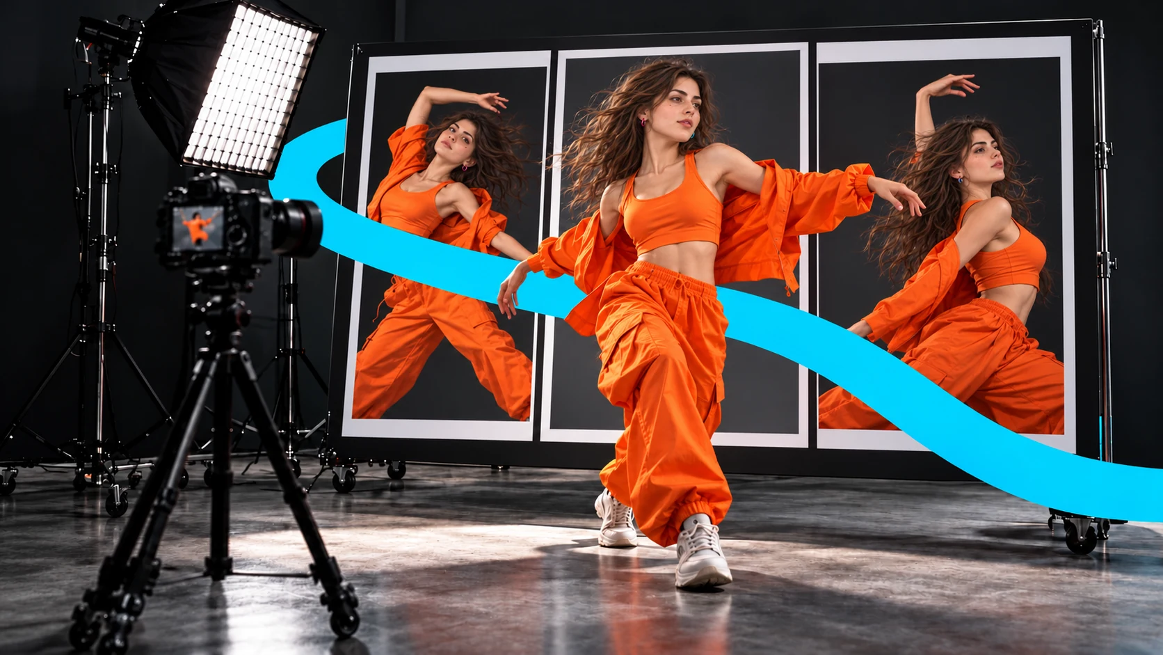 Una bailarina sale de una secuencia fotográfica al espacio de un estudio audiovisual.
